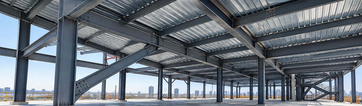 Steel beams, bracing, and metal deck viewed from below