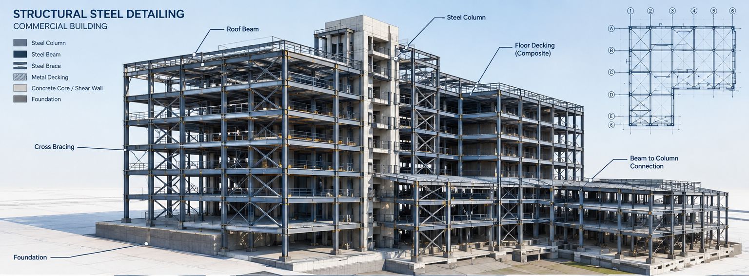Structural steel detailing of a commercial building: columns, beams, bracing, decking, and beam-to-column connections