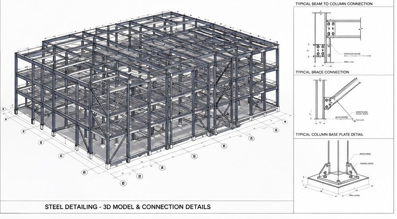 3D steel model with typical beam-to-column, brace, and base plate connection details